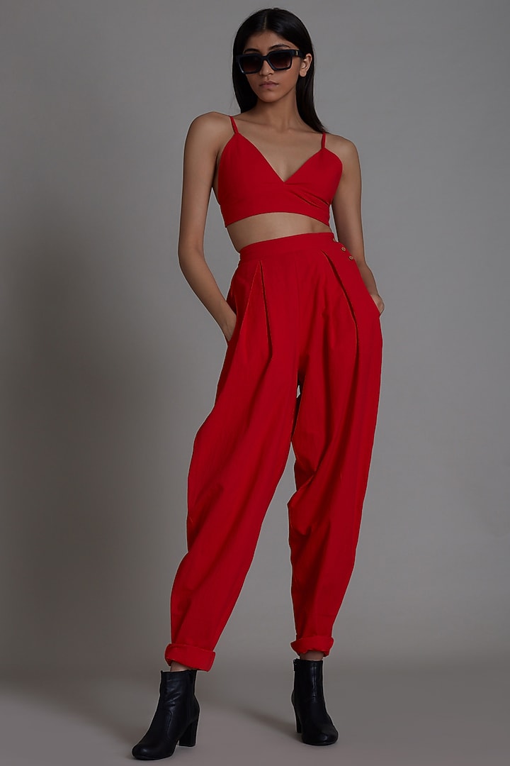 Red Cotton Pleated Pants by Mati at Pernia's Pop Up Shop