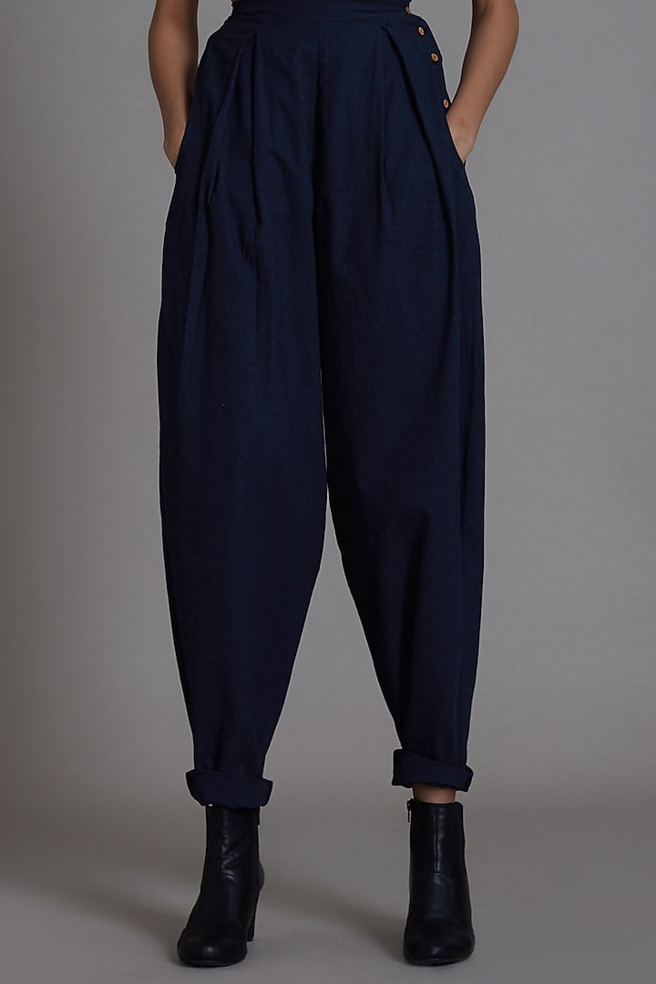 Navy Blue Cotton Pleated Pants by Mati
