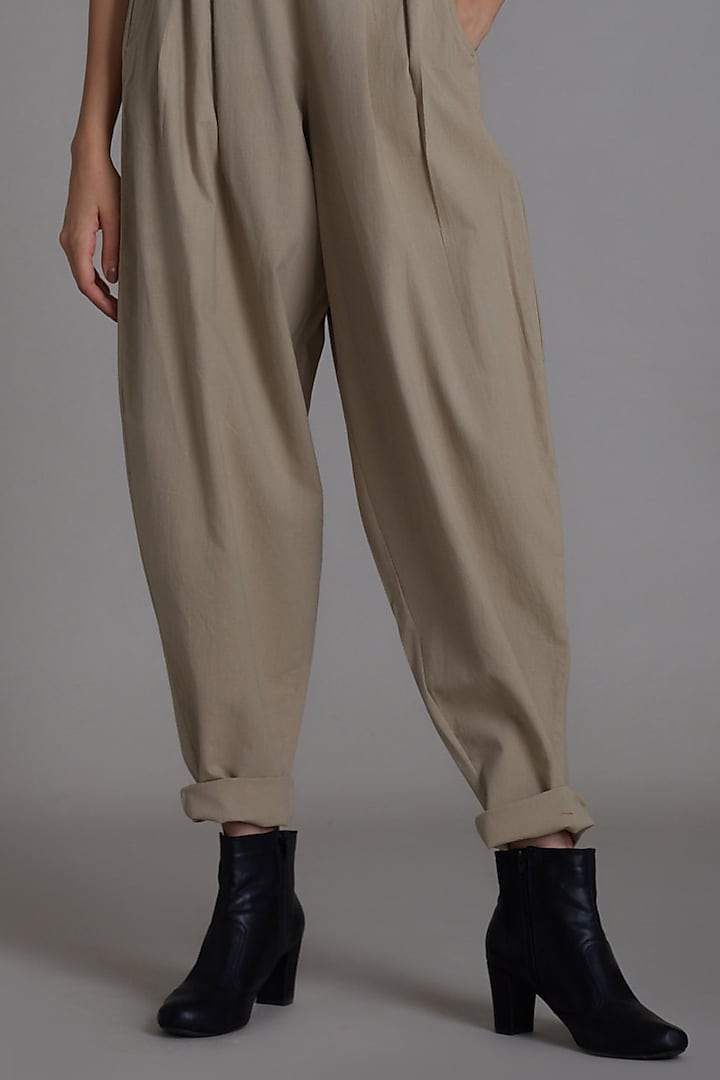 Beige Cotton Pleated Pants by Mati