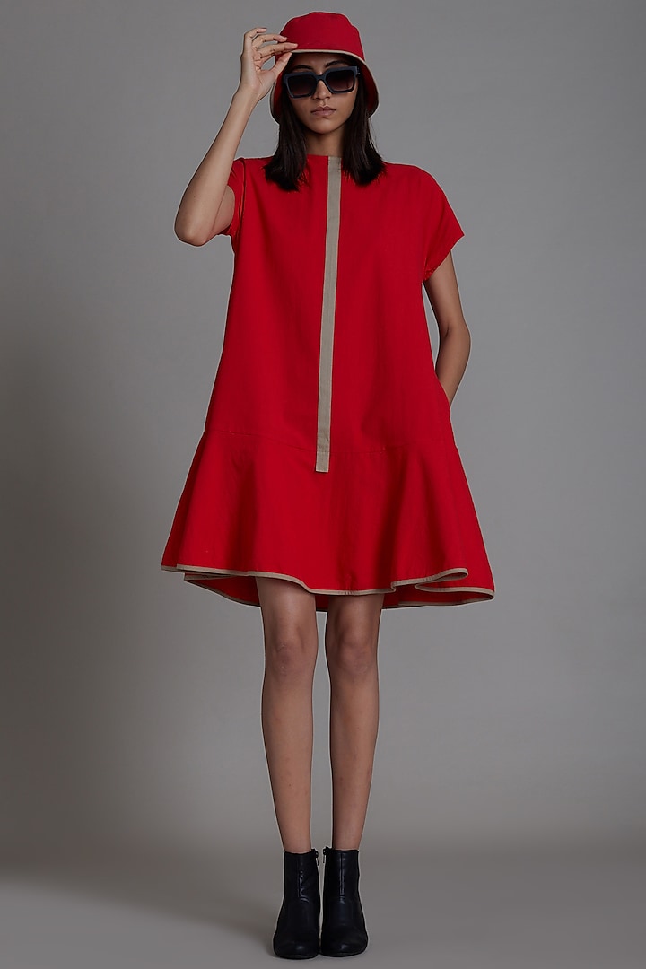 Red Cotton A-Line Dress by Mati