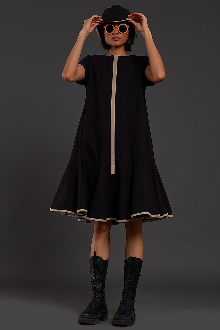 Black Cotton A-Line Dress by Mati