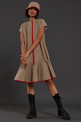 Beige Cotton A-Line Dress by Mati