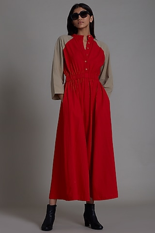 Red & Beige Cotton Jumpsuit by Mati