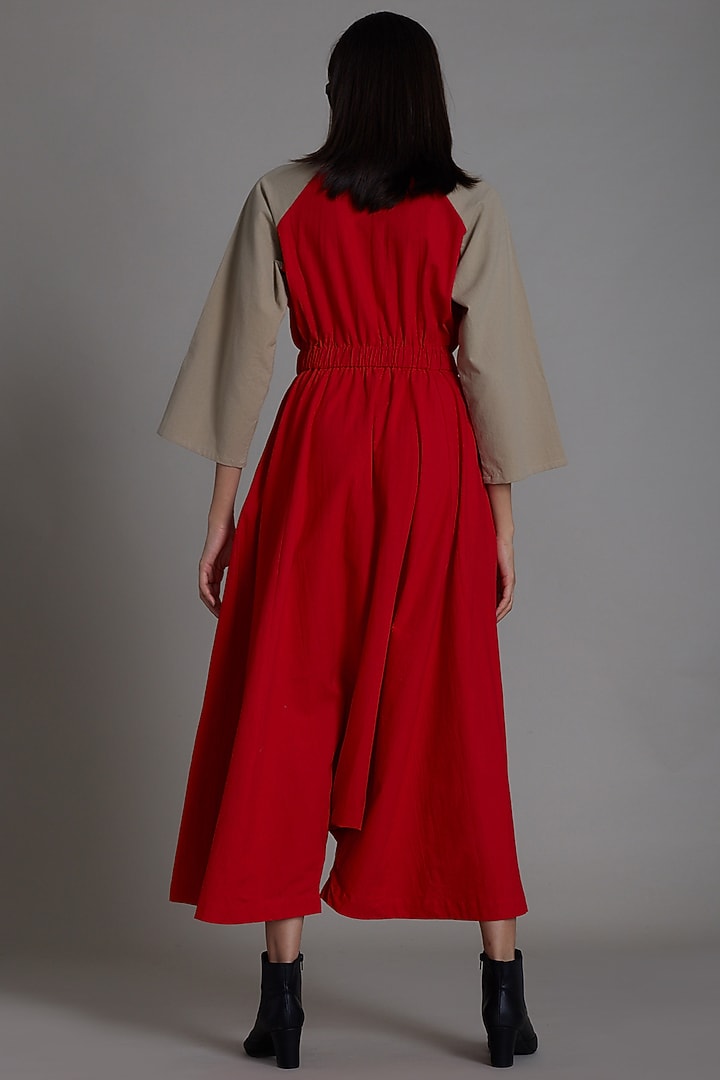 Red & Beige Cotton Jumpsuit by Mati at Pernia's Pop Up Shop