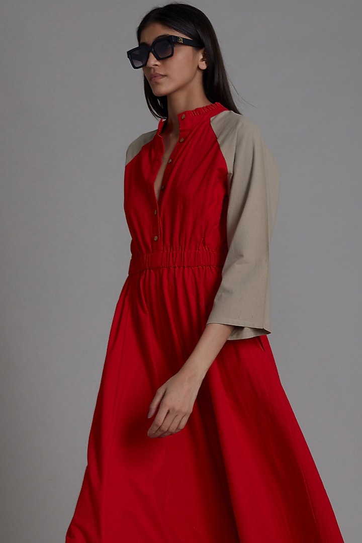 Red & Beige Cotton Jumpsuit by Mati at Pernia's Pop Up Shop