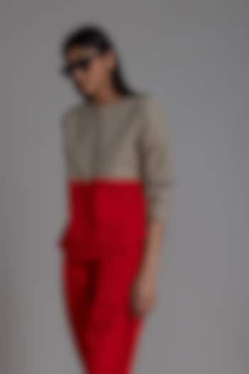 Beige & Red Cotton Color Blocked Top by Mati at Pernia's Pop Up Shop