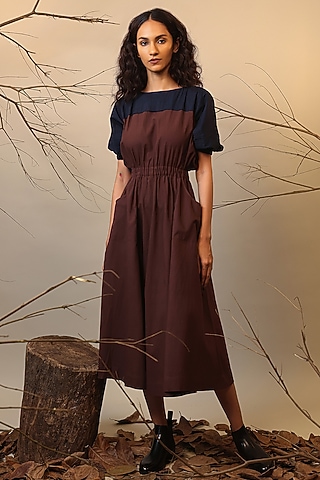 Brown & Blue Handwoven Cotton Color-Blocked Dress by Mati