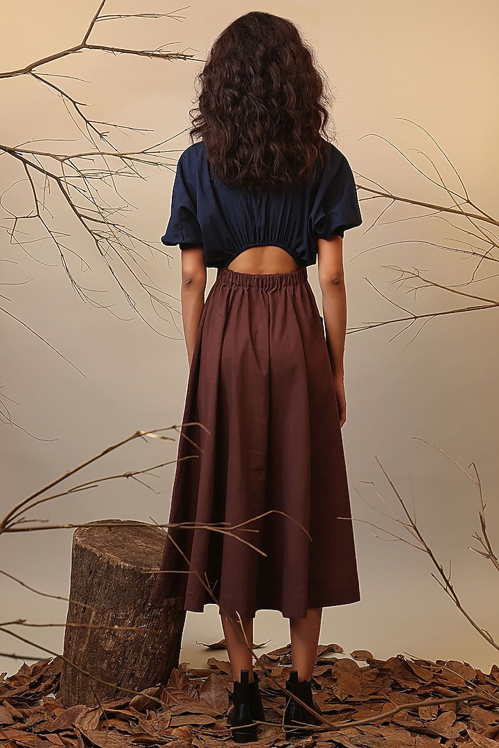 Brown & Blue Handwoven Cotton Color-Blocked Summer Dress by Mati at Pernia's Pop Up Shop