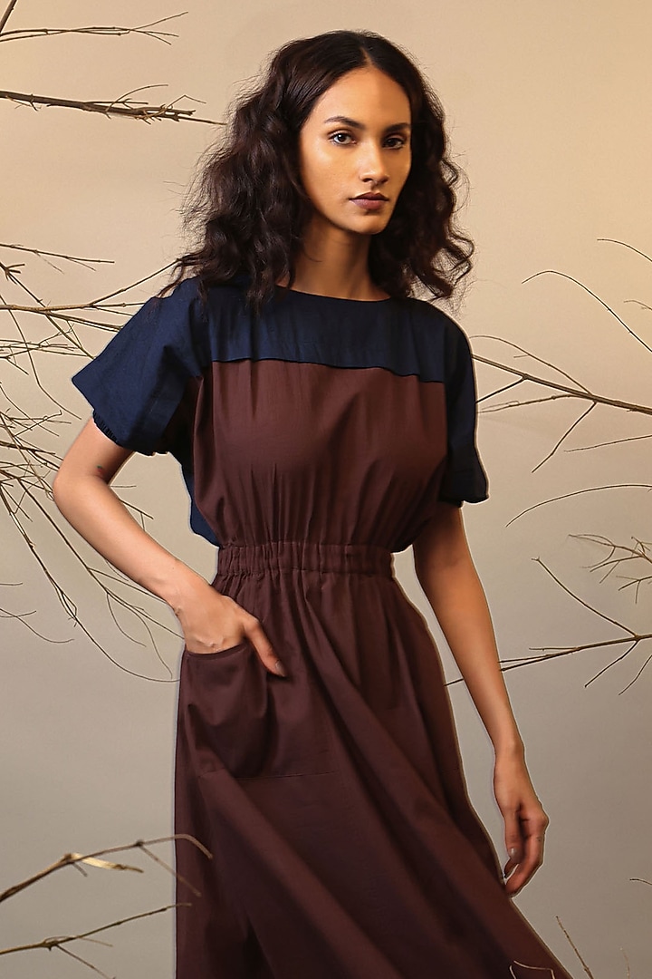 Brown & Blue Handwoven Cotton Color-Blocked Summer Dress by Mati at Pernia's Pop Up Shop