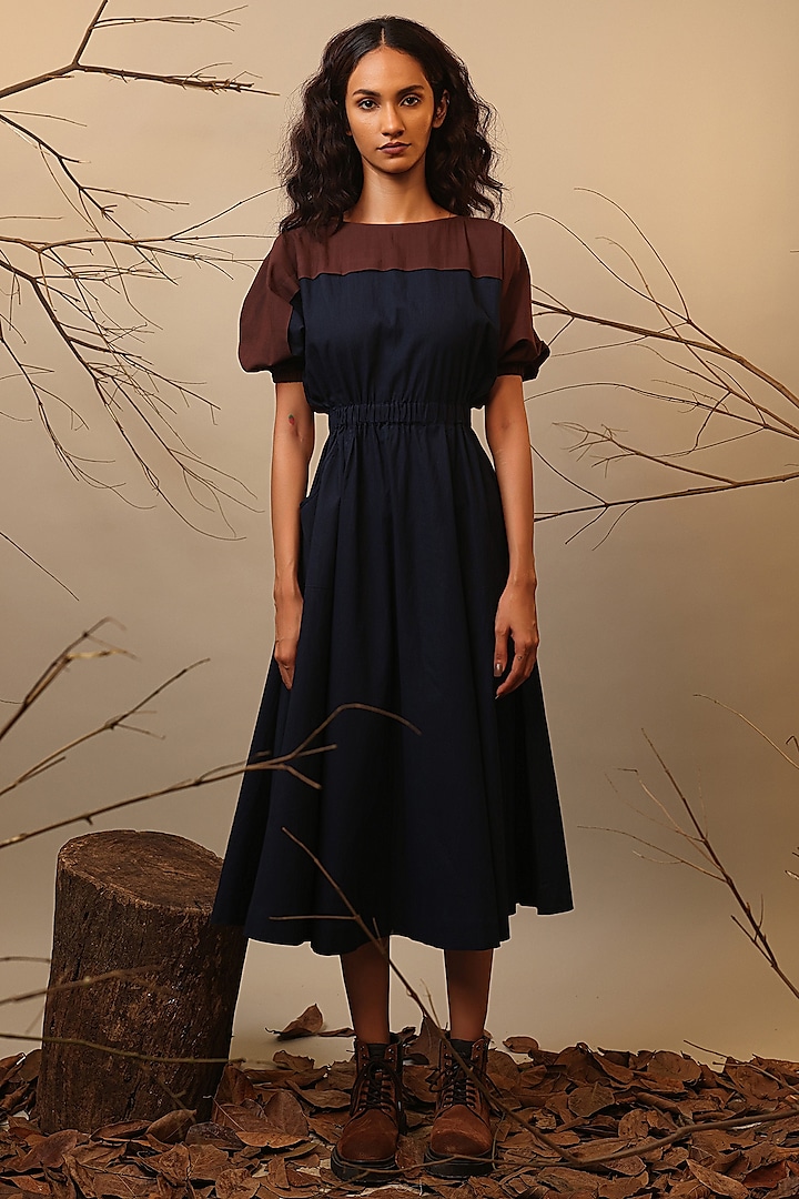 Blue & Brown Handwoven Cotton Color-Blocked Dress by Mati at Pernia's Pop Up Shop