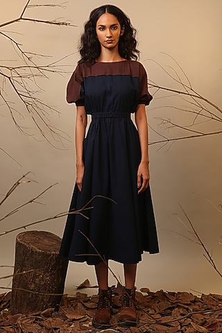 Blue & Brown Handwoven Cotton Color-Blocked Dress by Mati