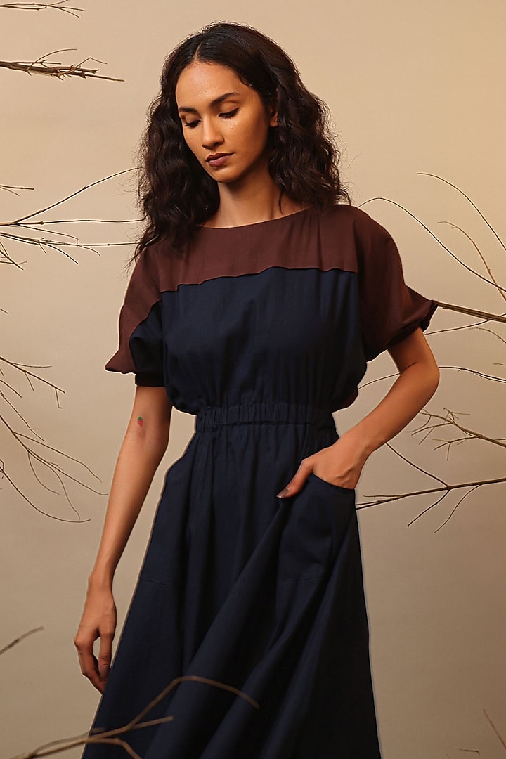 Blue & Brown Handwoven Cotton Color-Blocked Summer Dress by Mati at Pernia's Pop Up Shop