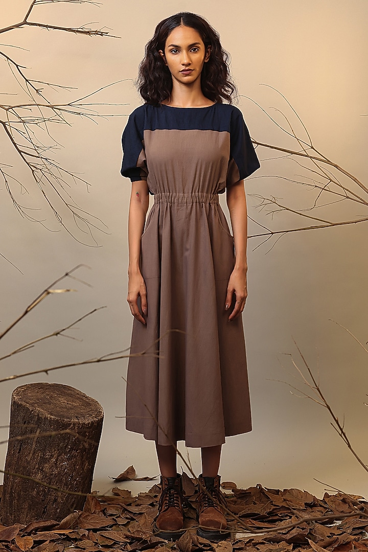 Beige & Blue Handwoven Cotton Color-Blocked Summer Dress by Mati at Pernia's Pop Up Shop