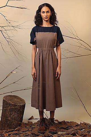 Beige & Blue Handwoven Cotton Color-Blocked Dress by Mati