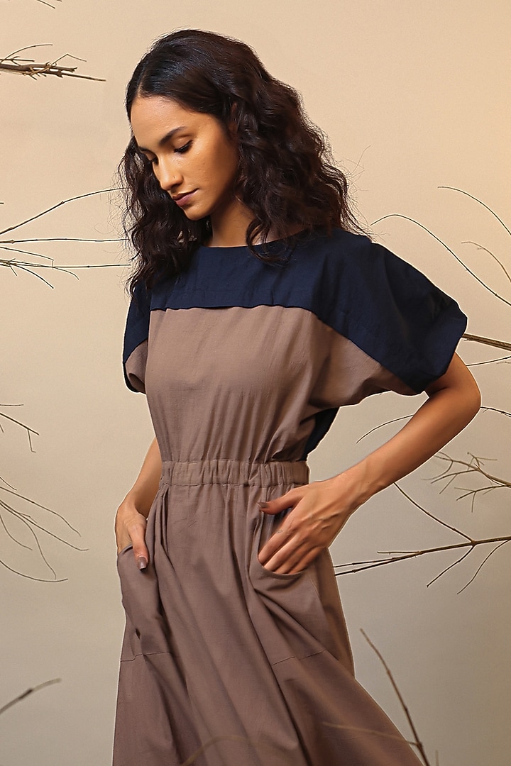 Beige & Blue Handwoven Cotton Color-Blocked Summer Dress by Mati at Pernia's Pop Up Shop