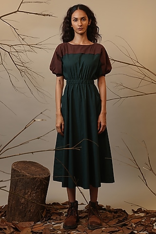 Green & Brown Handwoven Cotton Color-Blocked Dress by Mati