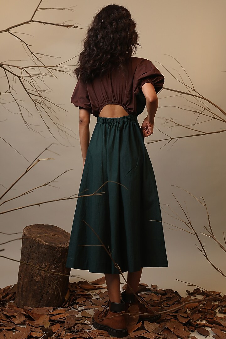 Green & Brown Handwoven Cotton Color-Blocked Summer Dress by Mati at Pernia's Pop Up Shop