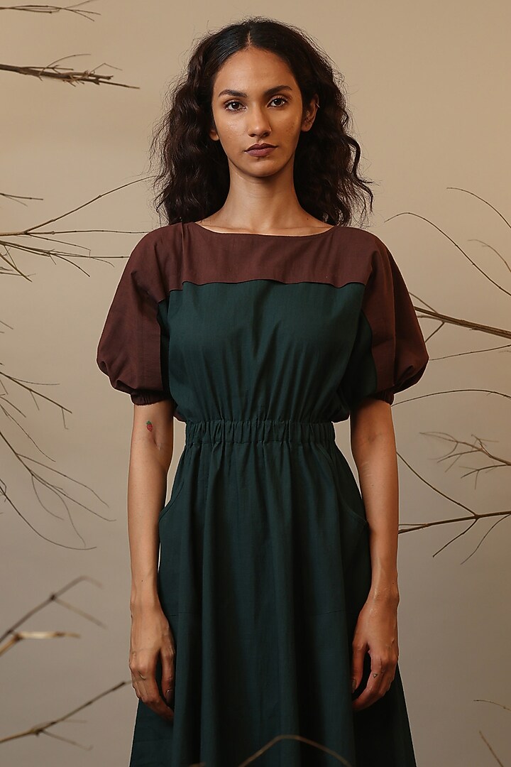 Green & Brown Handwoven Cotton Color-Blocked Summer Dress by Mati at Pernia's Pop Up Shop