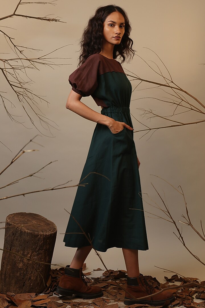 Green & Brown Handwoven Cotton Color-Blocked Summer Dress by Mati at Pernia's Pop Up Shop