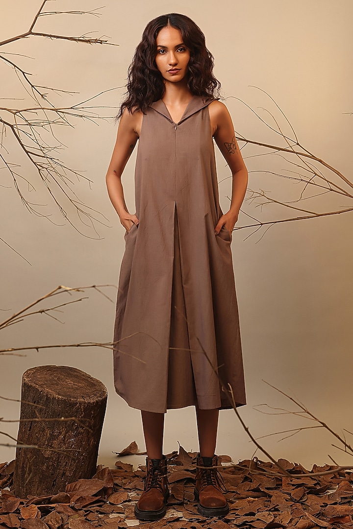 Beige Cotton Hooded Summer Dress by Mati at Pernia's Pop Up Shop