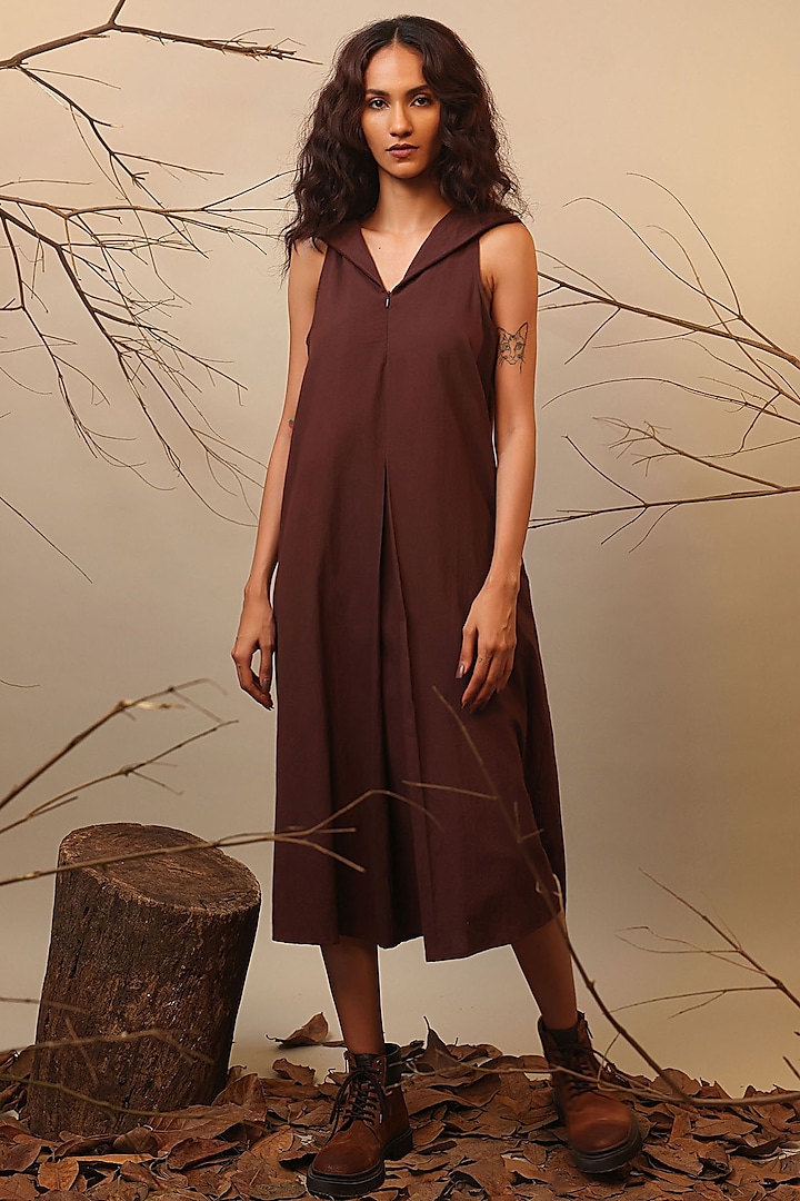 Brown Cotton Hooded Dress by Mati at Pernia's Pop Up Shop