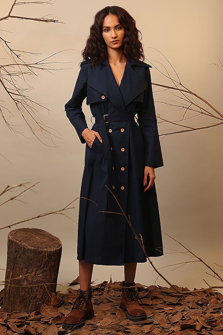 Blue Cotton Overlap Trench Dress by Mati at Pernia's Pop Up Shop