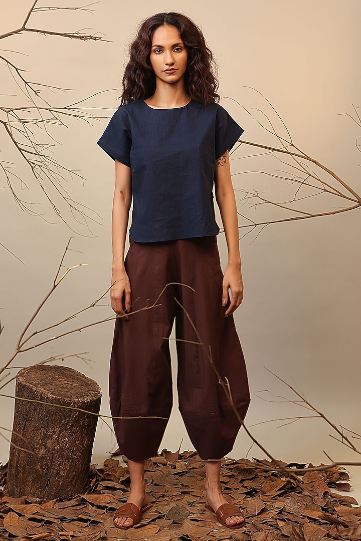 Blue & Brown Cotton Color-Blocked Co-Ord Set by Mati at Pernia's Pop Up Shop