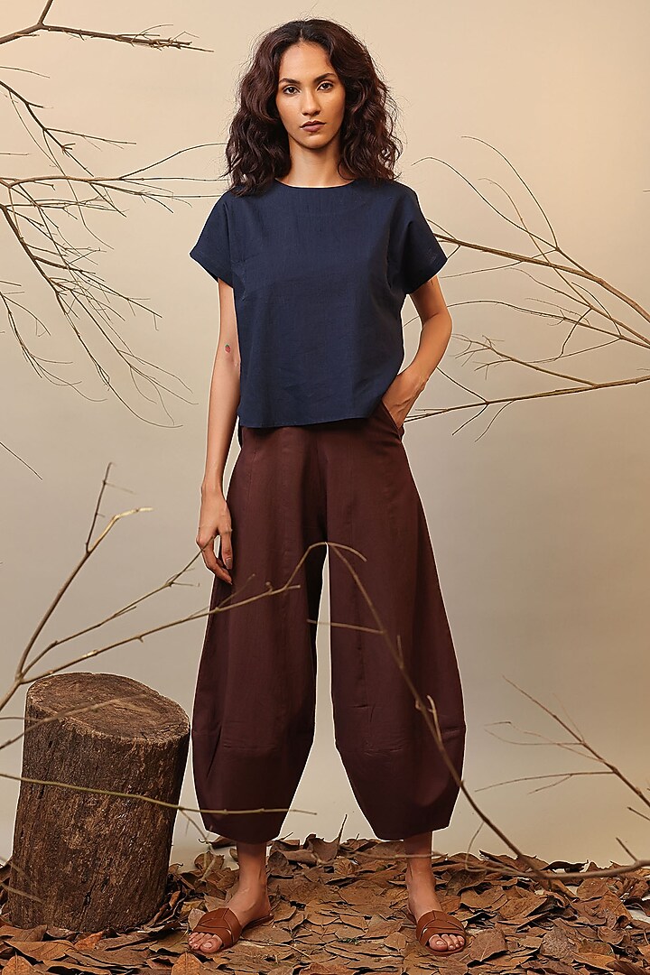 Blue & Brown Cotton Color-Blocked Co-Ord Set by Mati at Pernia's Pop Up Shop