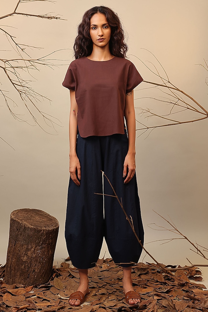 Blue & Brown Cotton Color-Blocked Co-Ord Set by Mati at Pernia's Pop Up Shop