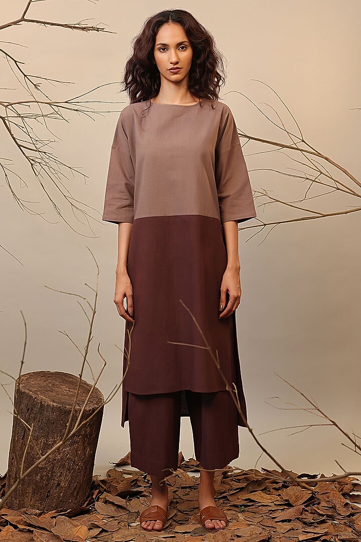 Beige & Brown Cotton Color-Blocked Tunic Set by Mati at Pernia's Pop Up Shop