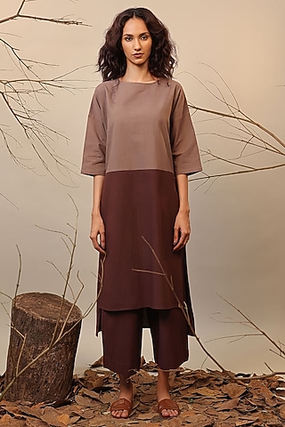 Beige & Brown Cotton Color-Blocked Tunic Set by Mati