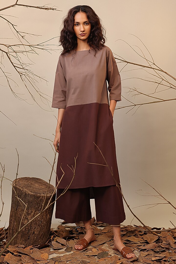 Beige & Brown Cotton Color-Blocked Tunic Set by Mati at Pernia's Pop Up Shop