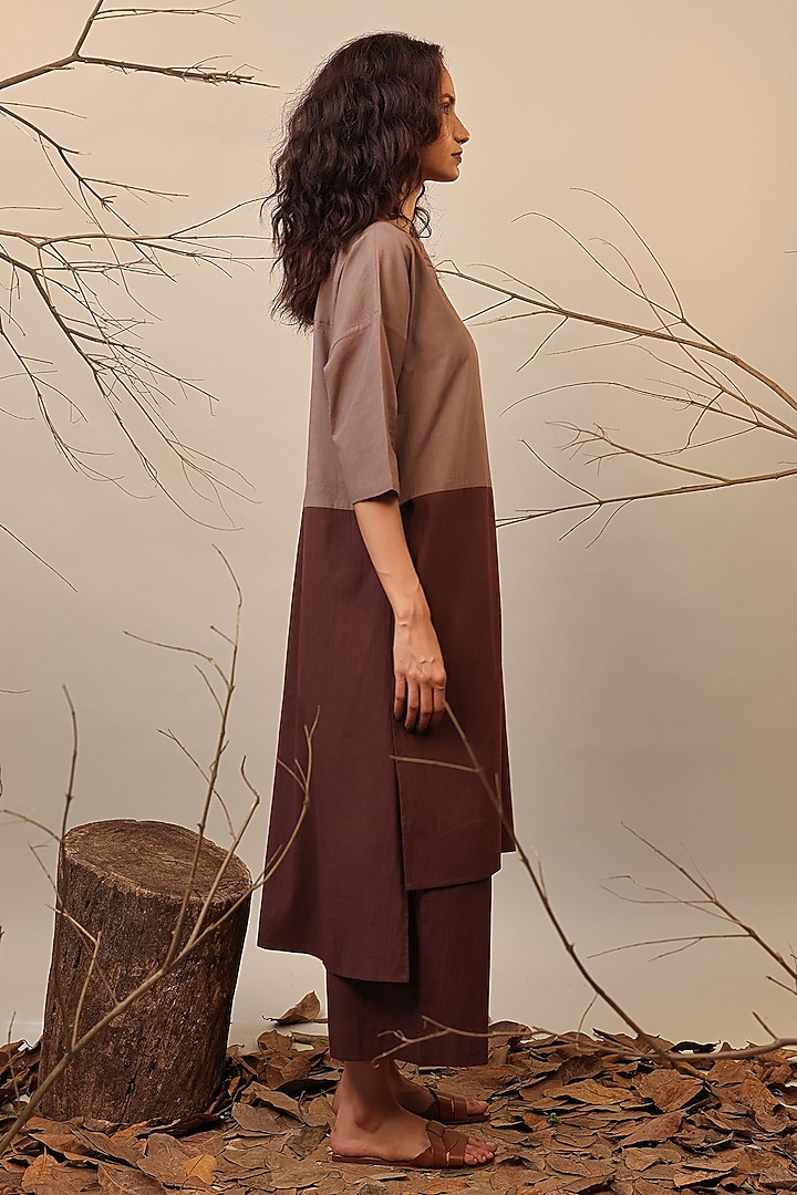 Beige & Brown Cotton Color-Blocked Tunic Set by Mati at Pernia's Pop Up Shop