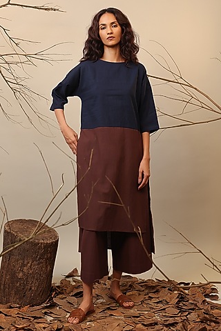 Blue & Brown Cotton Color-Blocked Tunic Set by Mati