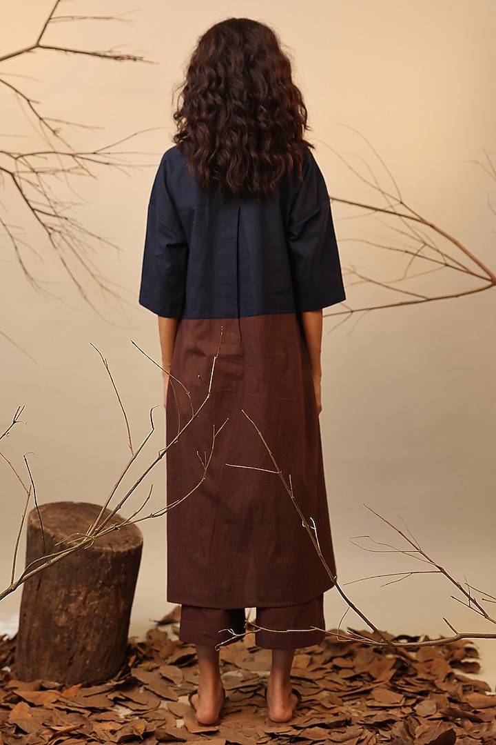 Blue & Brown Cotton Color-Blocked Tunic Set by Mati at Pernia's Pop Up Shop