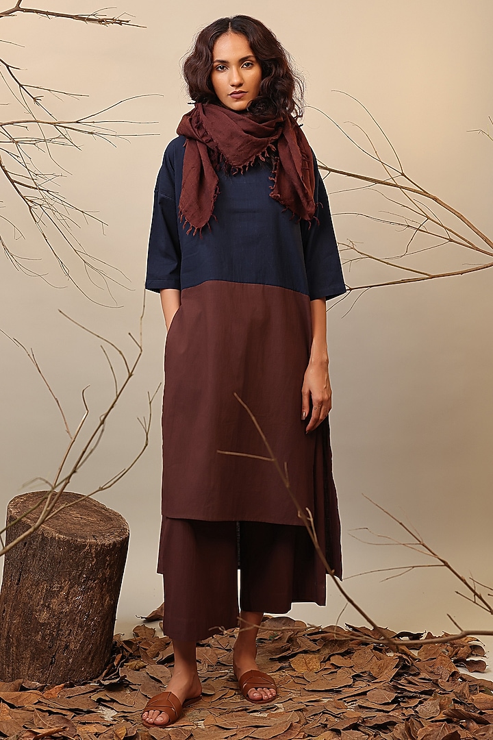 Blue & Brown Cotton Color-Blocked Tunic Set by Mati at Pernia's Pop Up Shop