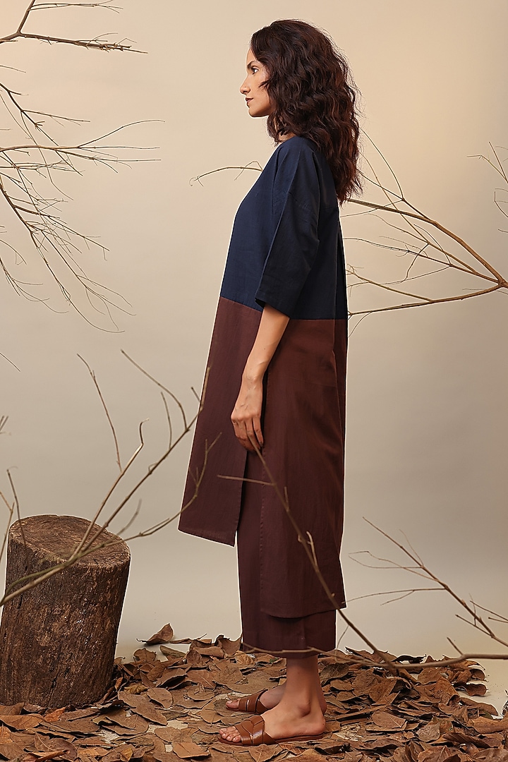 Blue & Brown Cotton Color-Blocked Tunic Set by Mati at Pernia's Pop Up Shop