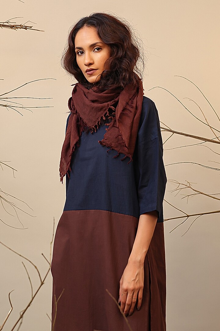 Blue & Brown Cotton Color-Blocked Tunic Set by Mati at Pernia's Pop Up Shop