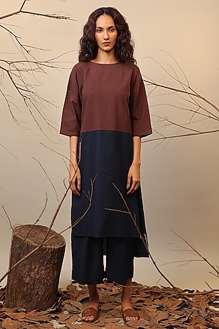 Blue & Brown Cotton Color-Blocked Tunic Set by Mati