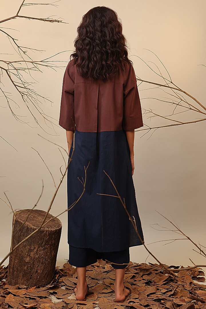Blue & Brown Cotton Color-Blocked Tunic Set by Mati at Pernia's Pop Up Shop