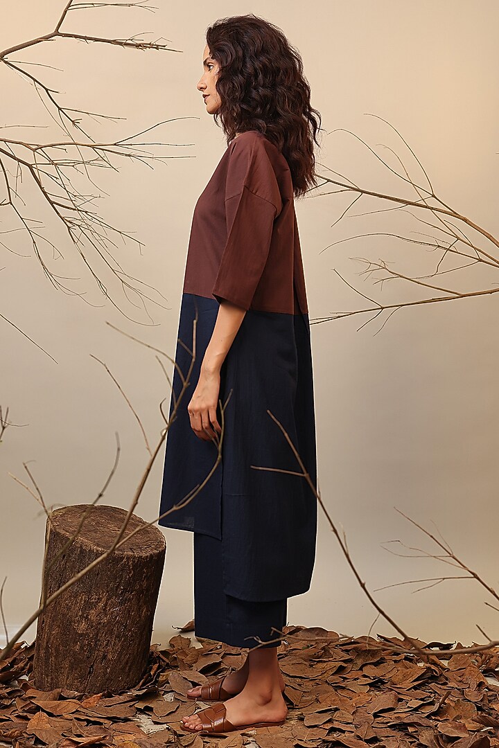 Blue & Brown Cotton Color-Blocked Tunic Set by Mati at Pernia's Pop Up Shop