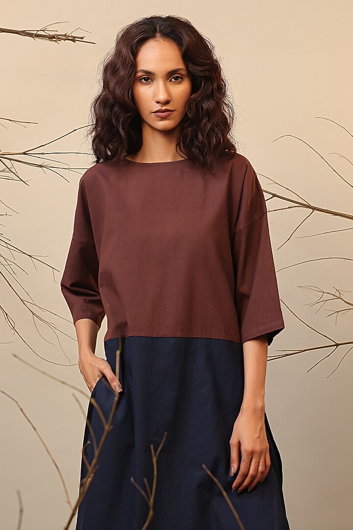 Blue & Brown Cotton Color-Blocked Tunic Set by Mati at Pernia's Pop Up Shop