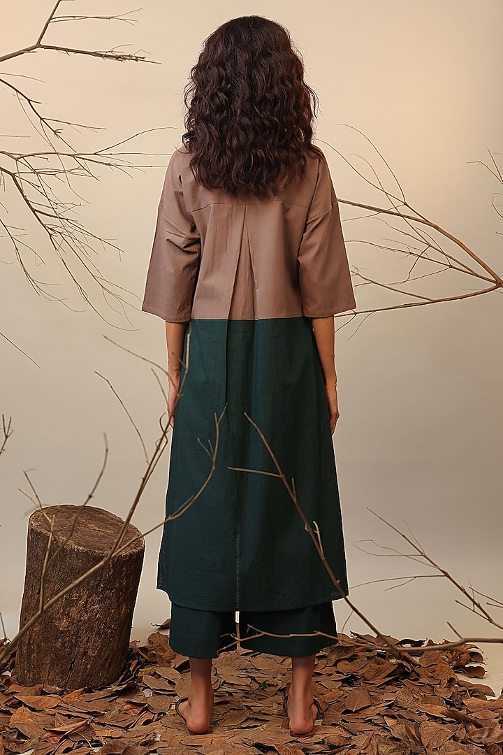 Beige & Green Cotton Color-Blocked Tunic Set by Mati at Pernia's Pop Up Shop