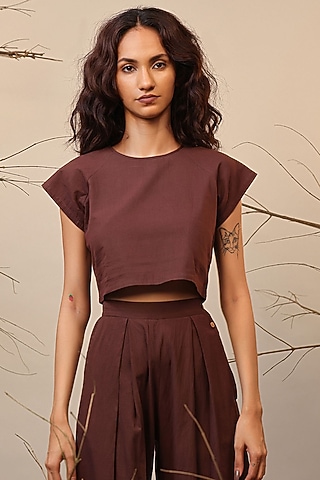 Brown Handspun Cotton Crop Top by Mati