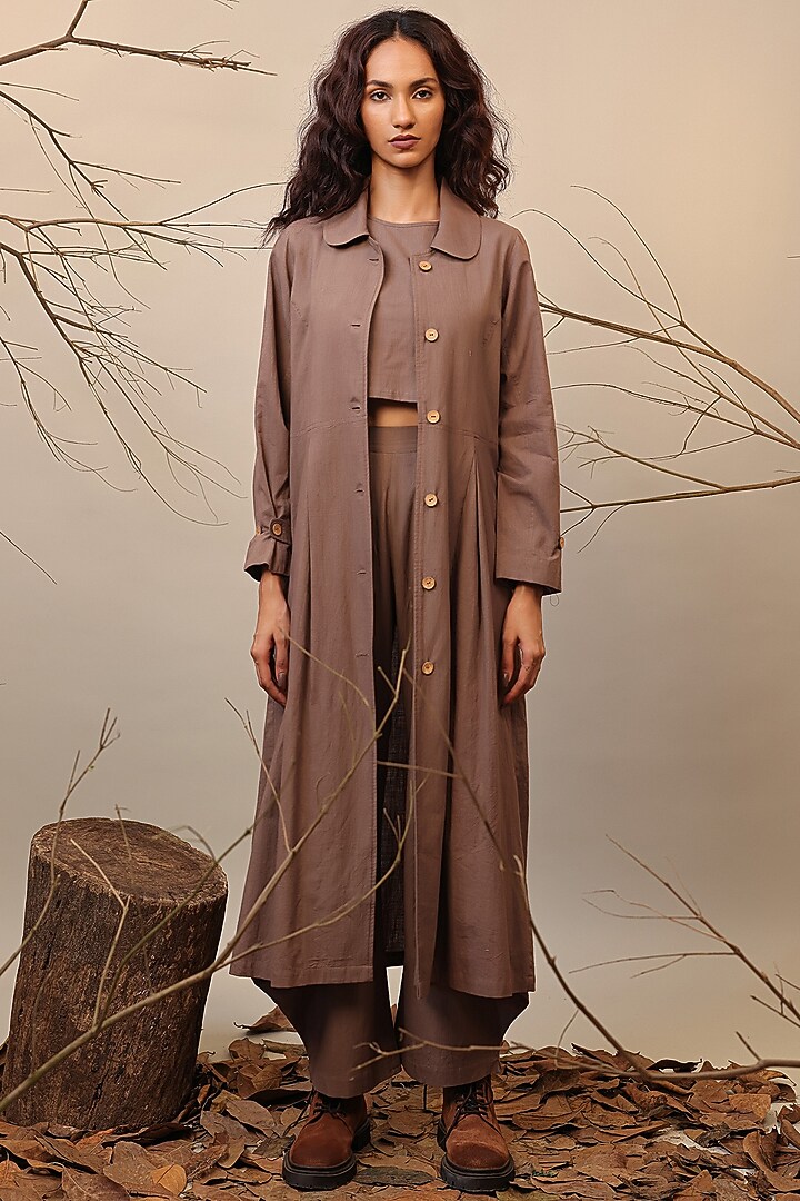 Beige Cotton Trench Jacket by Mati at Pernia's Pop Up Shop