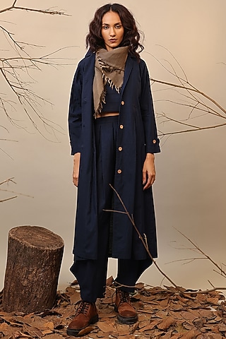 Blue Cotton Trench Jacket Set by Mati