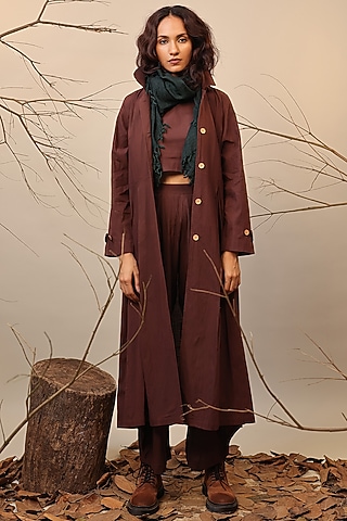 Brown Cotton Trench Jacket Set by Mati