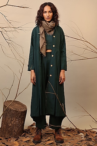 Green Handspun Cotton Trench Jacket Set by Mati