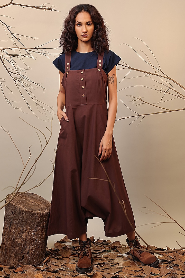 Brown Handspun Cotton Jumpsuit by Mati at Pernia's Pop Up Shop