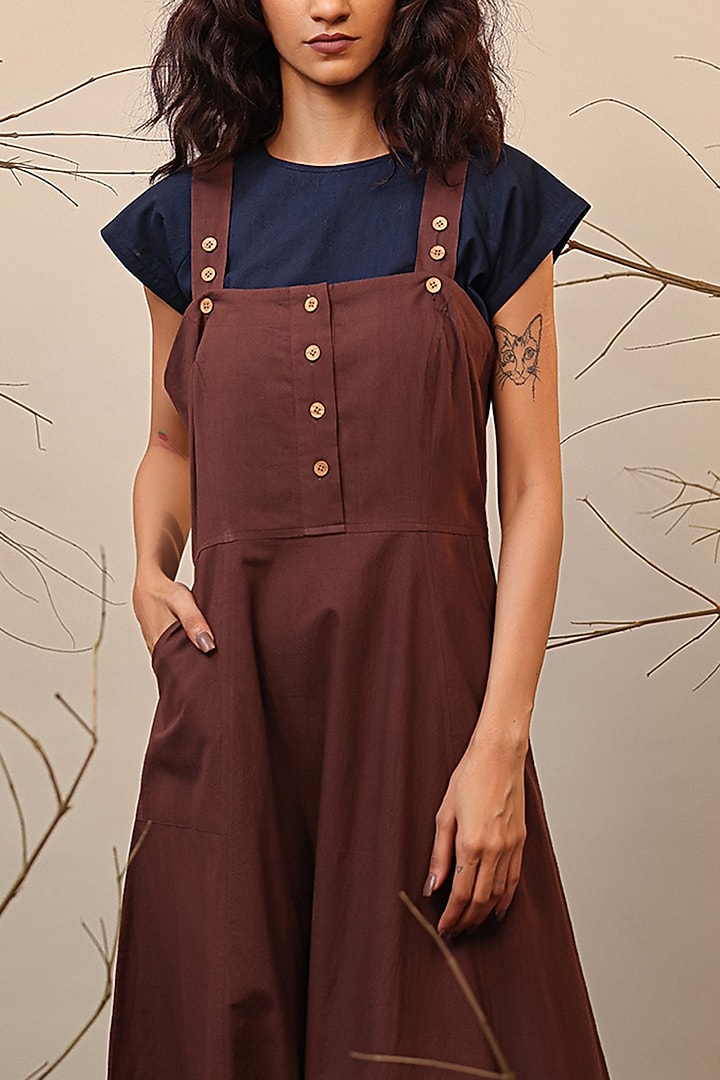 Brown Handspun Cotton Jumpsuit With Crop Top by Mati at Pernia's Pop Up Shop